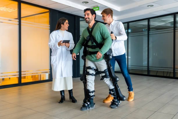 Mechanical exoskeleton, female doctor with device walking with disabled person with robotic skeleton in rehabilitation, physiotherapy in modern hospital, futuristic physiotherapy Mechanical exoskeleton, female doctor with device walking with disabled person with robotic skeleton in rehabilitation, physiotherapy in modern hospital, futuristic physiotherapy exoskeleton stock pictures, royalty-free photos & images